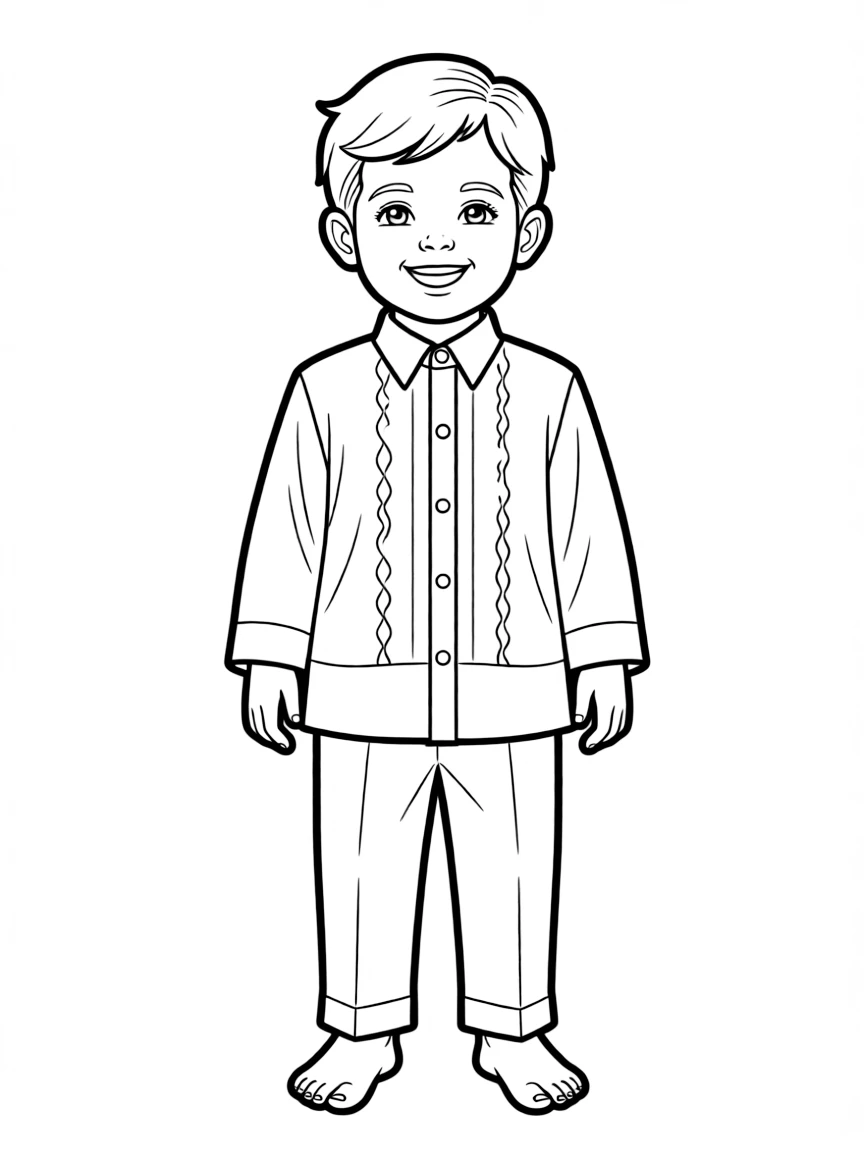 A Filipino child, in a plain barong, looking warm.