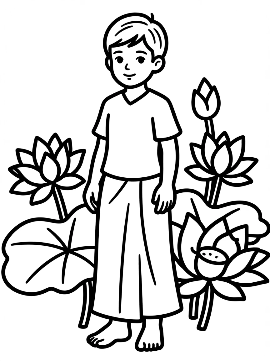 A Laotian child, in a plain sinh, looking serene.