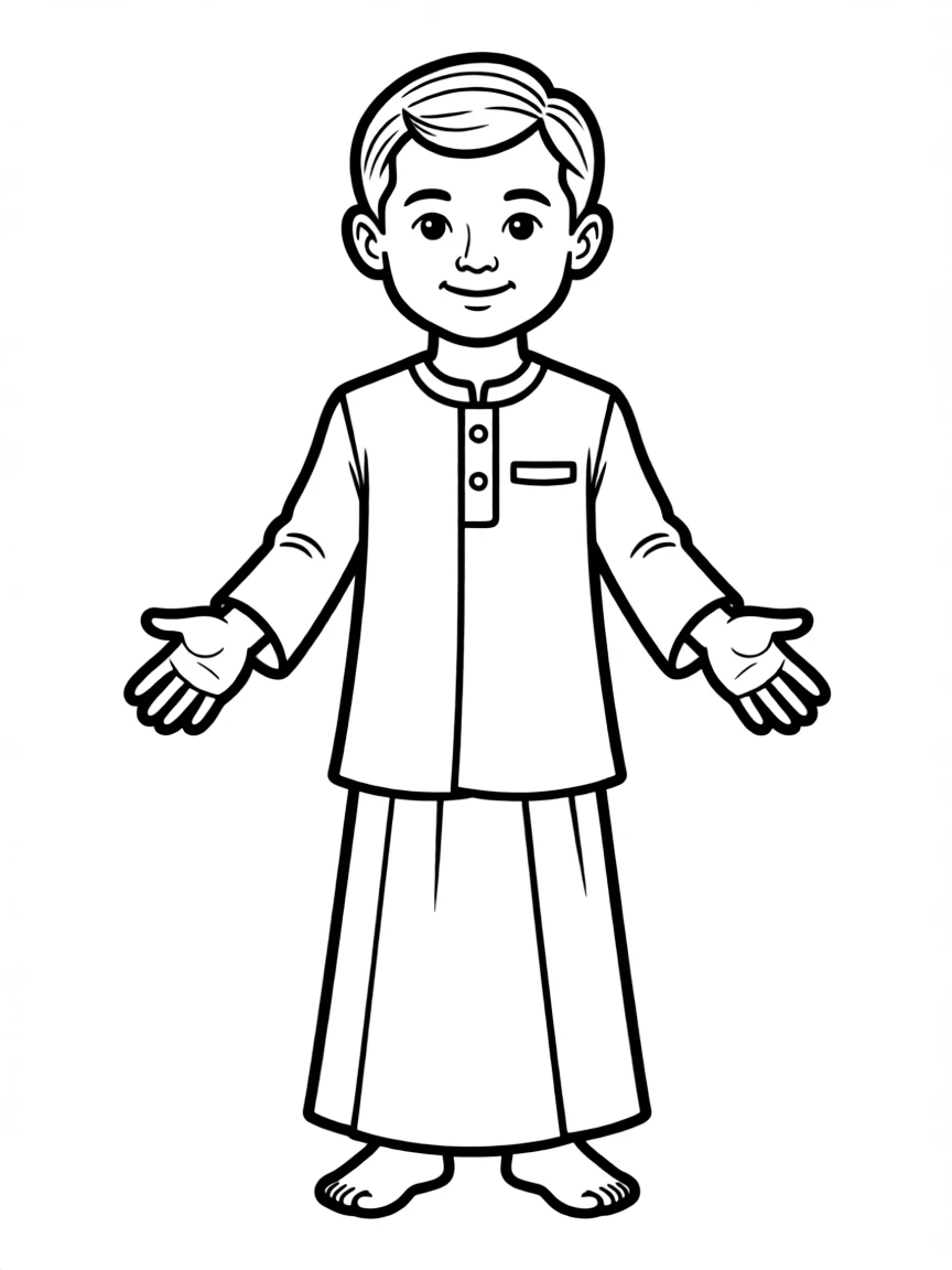 A Malaysian child, in a simple baju kurung, looking welcoming.