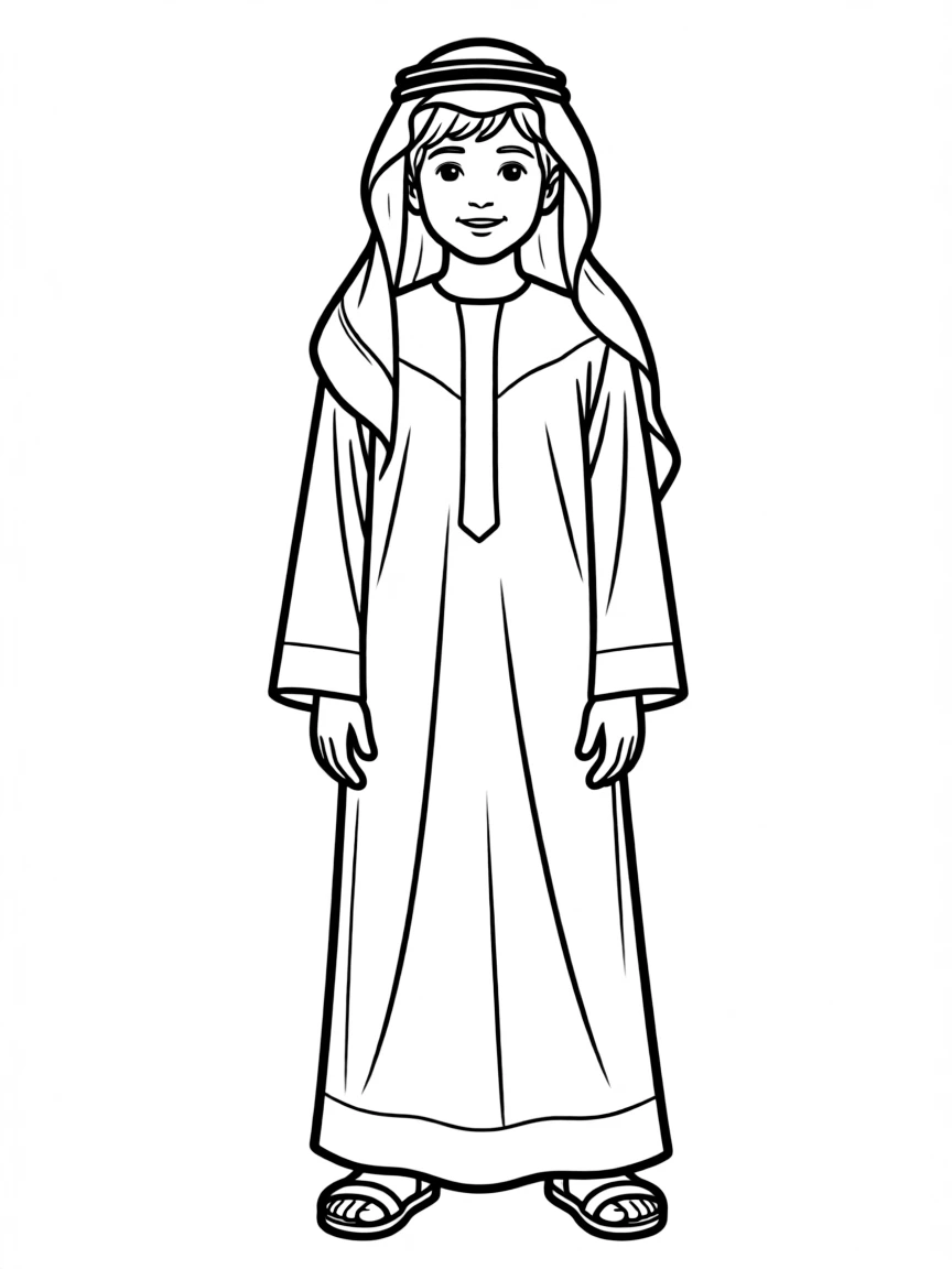 A Saudi Arabian child, in a plain thobe, looking honorable.