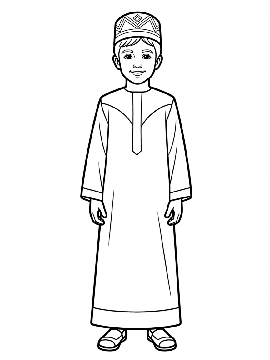 An Omani child, in a plain dishdasha, looking traditional.