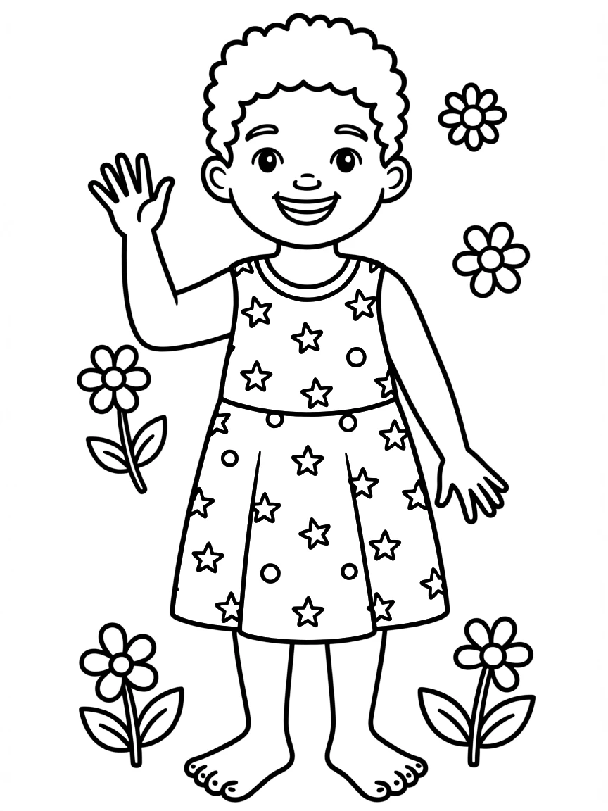 An African child in a bright yellow dress with a simple, playful pattern.