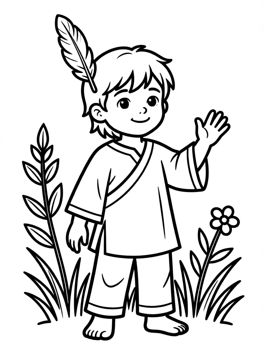 A Native American child with a single blue feather in their hair.