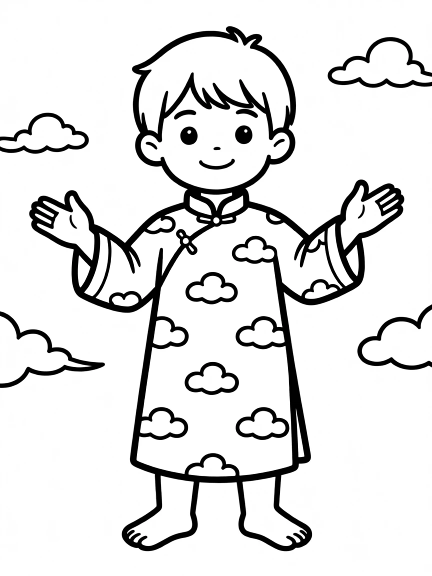 A Chinese child in a light green tunic with a simple cloud pattern.