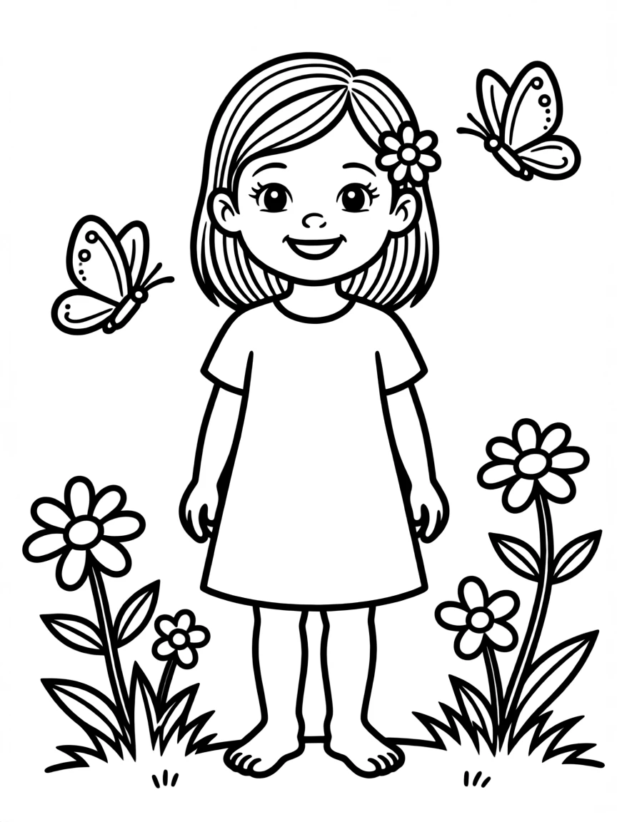 A Mexican child in a plain blue dress, with a small flower in their hair.