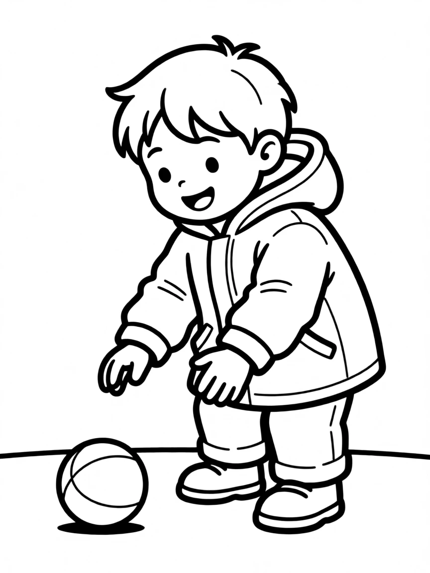 An Inuit child in a plain white parka, playing with a small ball.
