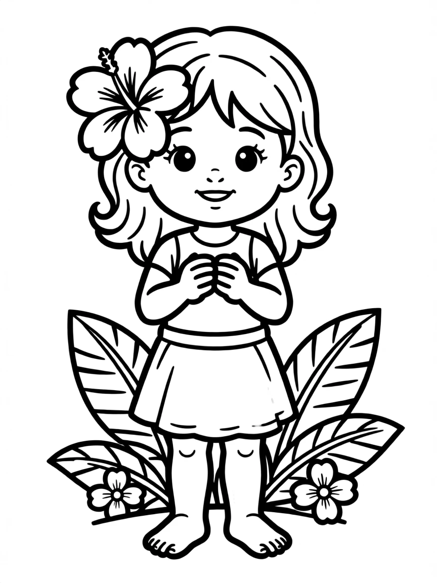 A Hawaiian child with a single red flower, wearing a simple green skirt.