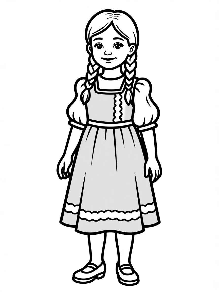 A Russian child in a simple purple sarafan with white trim.