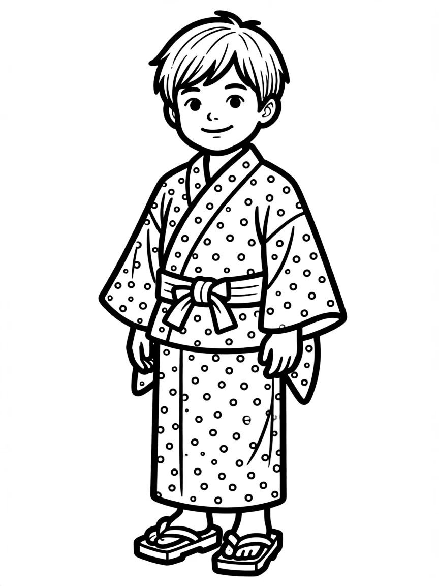 A Japanese child in a simple red yukata with a small dot pattern.