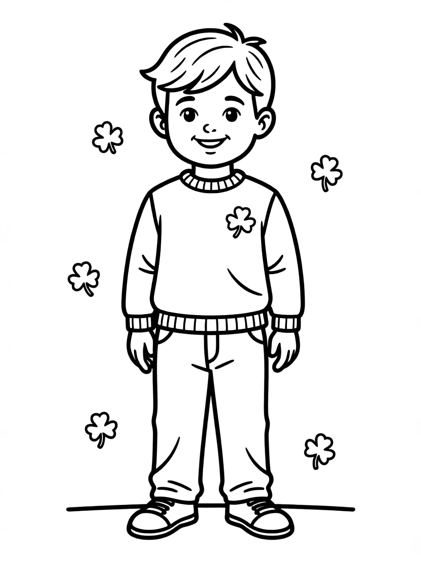 An Irish child in a simple light blue sweater, with a small shamrock.