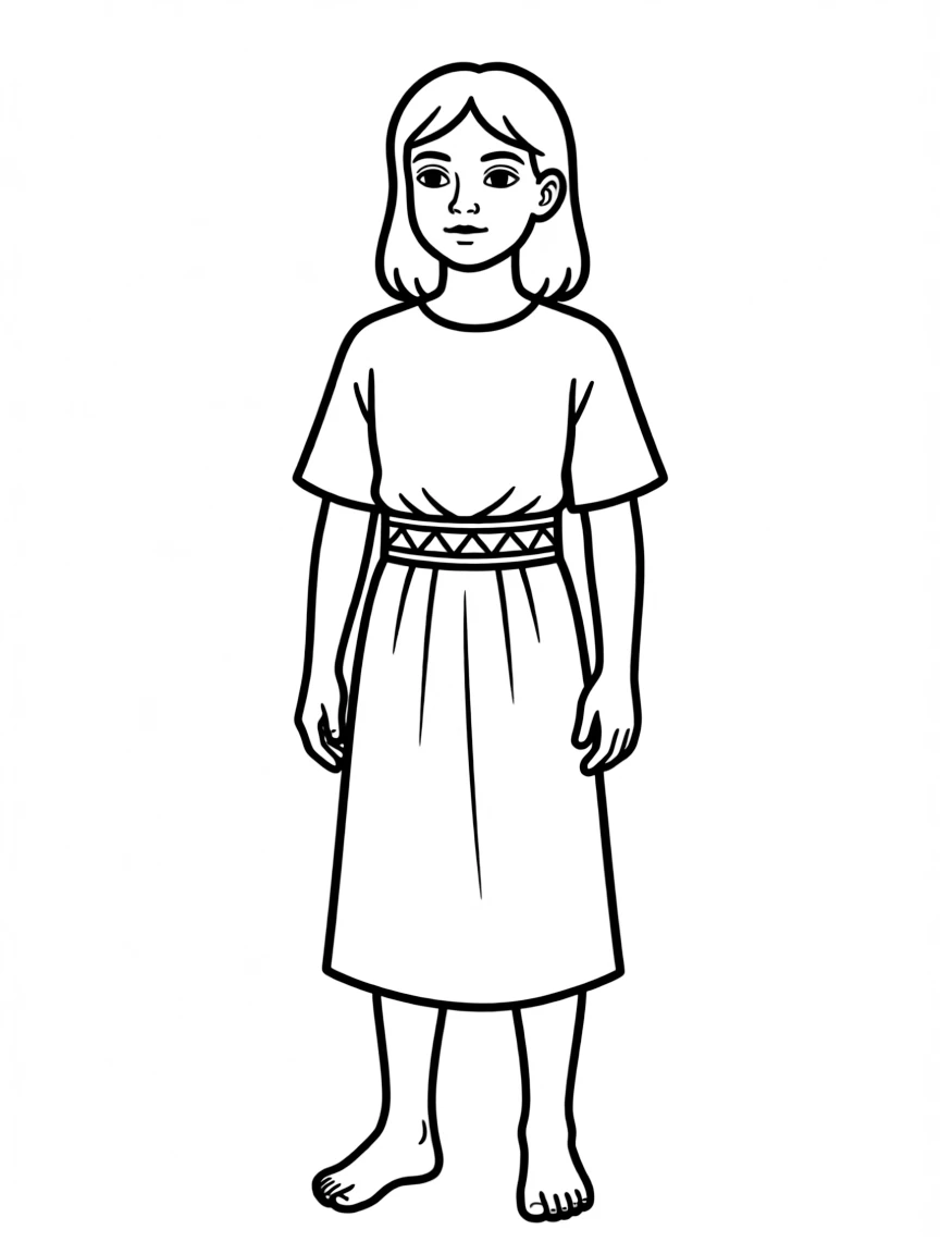 An Egyptian child in a plain beige tunic, with a simple patterned belt.