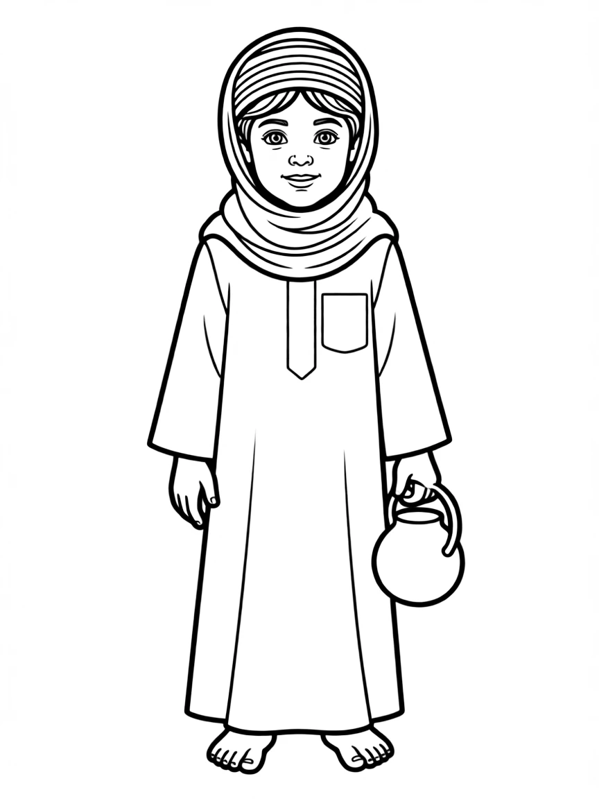 A Bedouin child in a plain grey abaya, with a simple striped scarf.