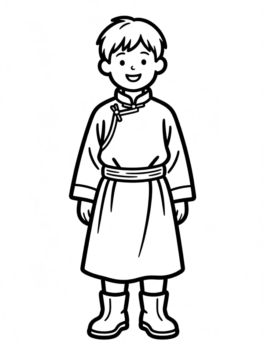 A Mongolian child in a simple green deel.
