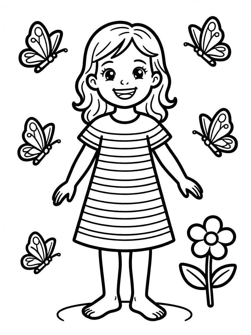 A Spanish child in a simple yellow and red striped dress.