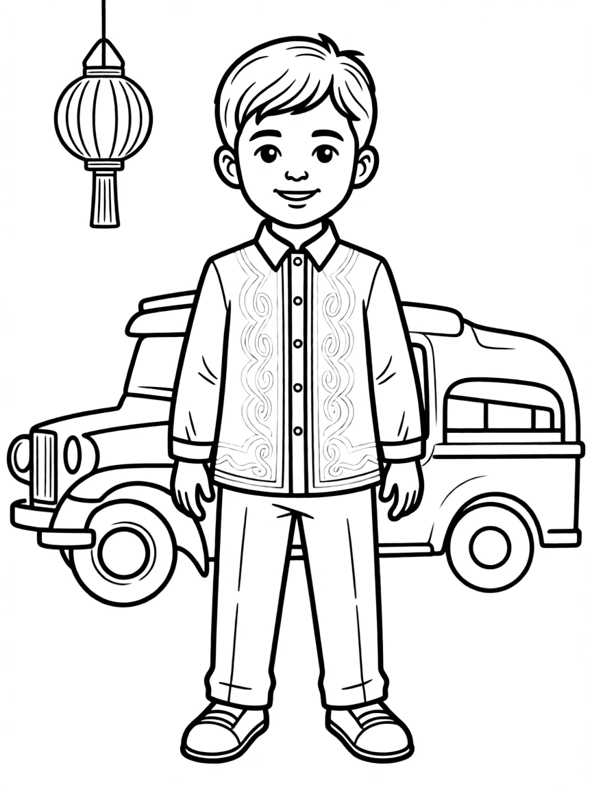A Filipino child in a simple light green barong Tagalog.