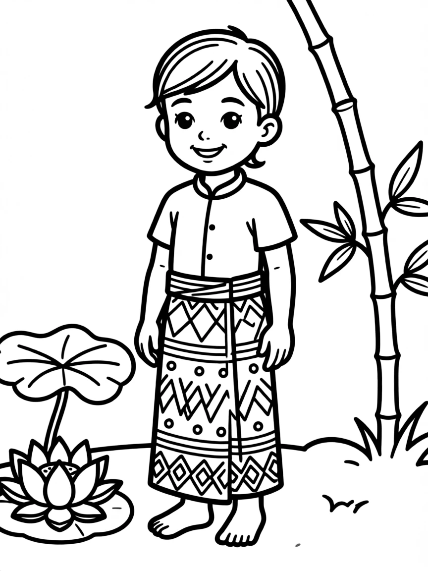 A Laotian child in a simple yellow sinh.