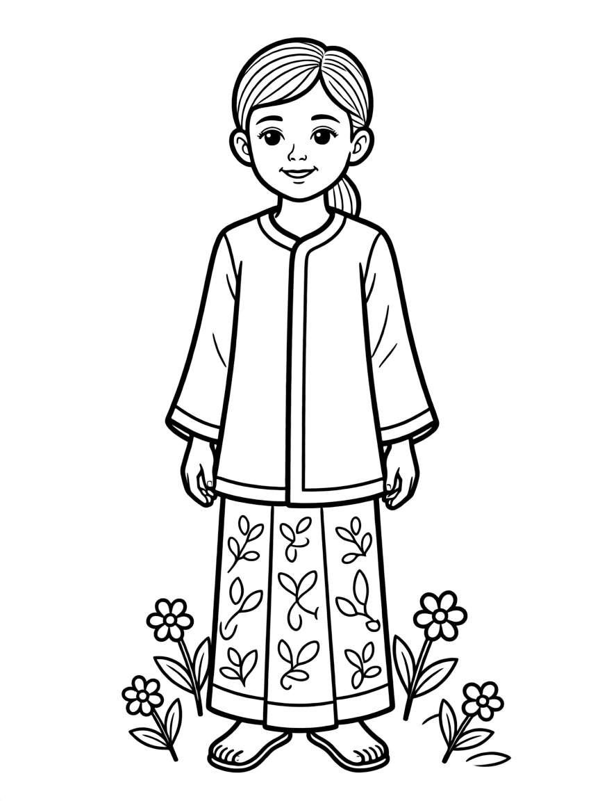 A Malaysian child in a simple green baju kurung.