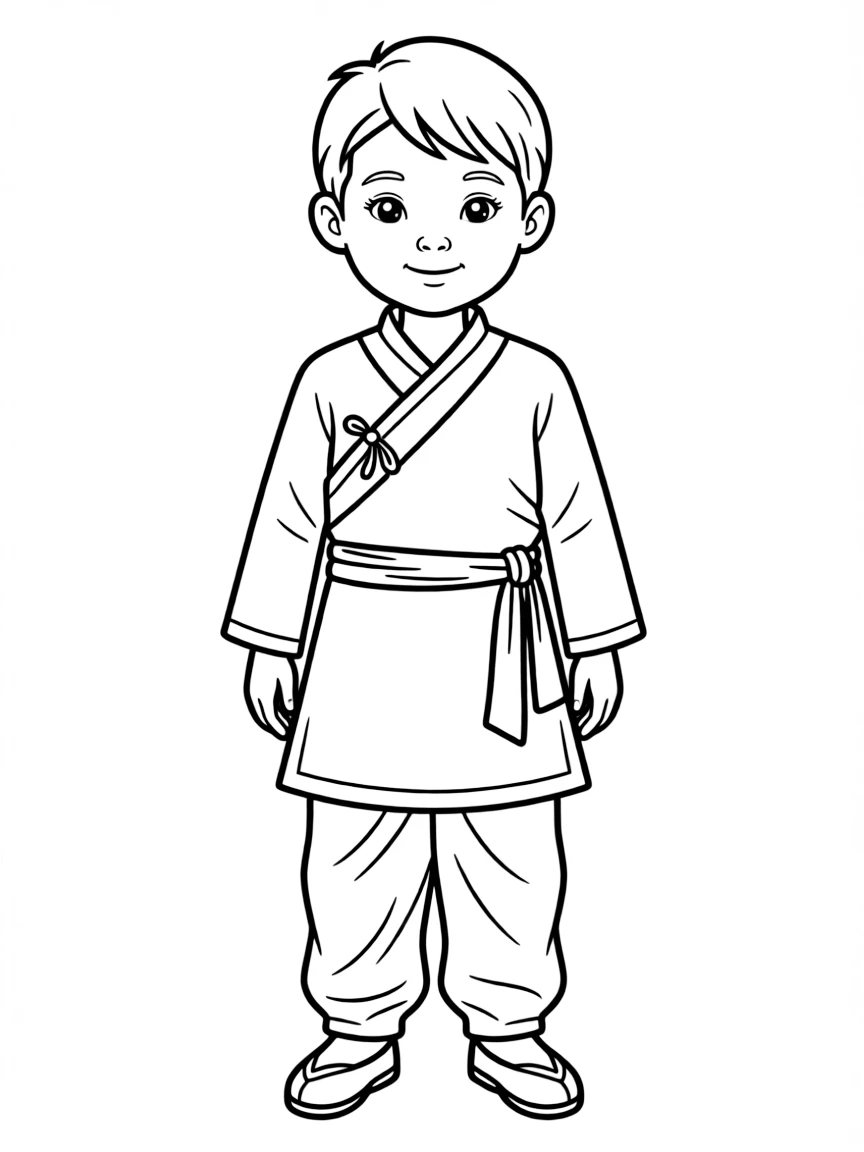 A Nepalese child in a simple blue and white daura suruwal.