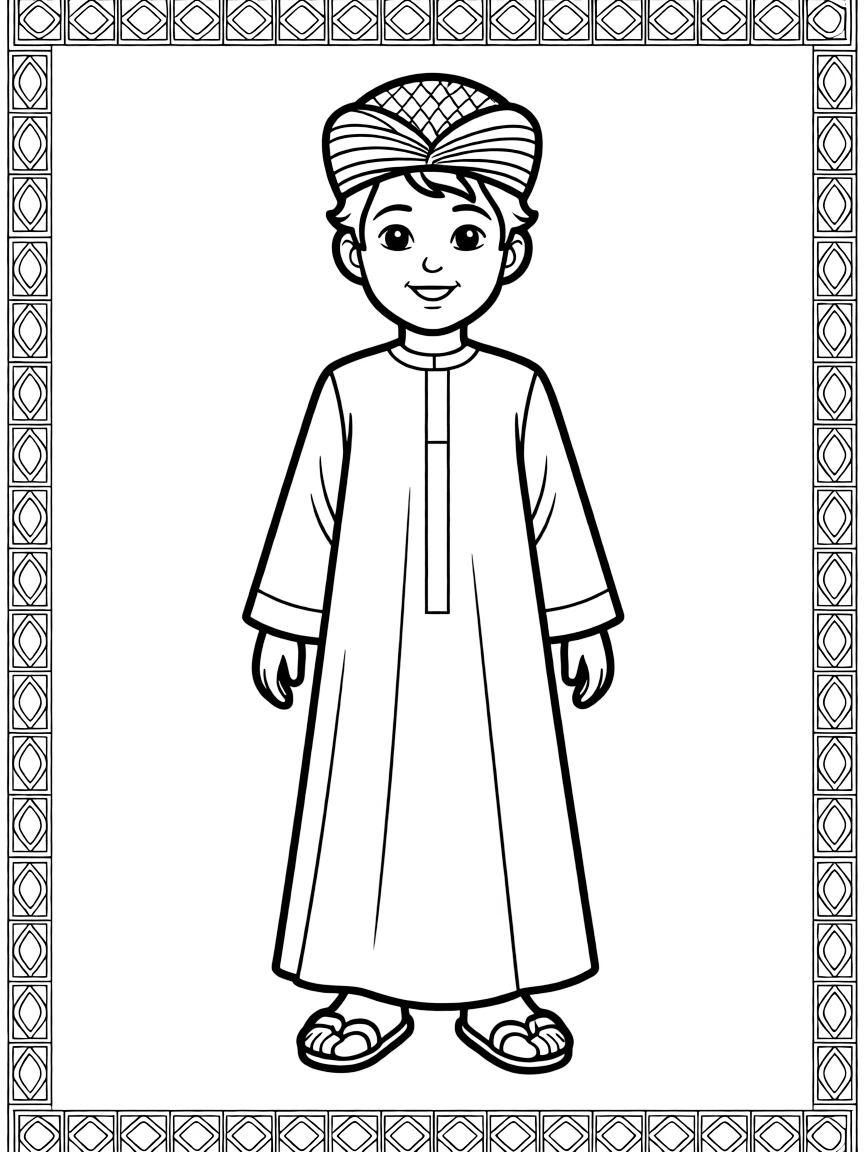 An Omani child in a simple light blue dishdasha.