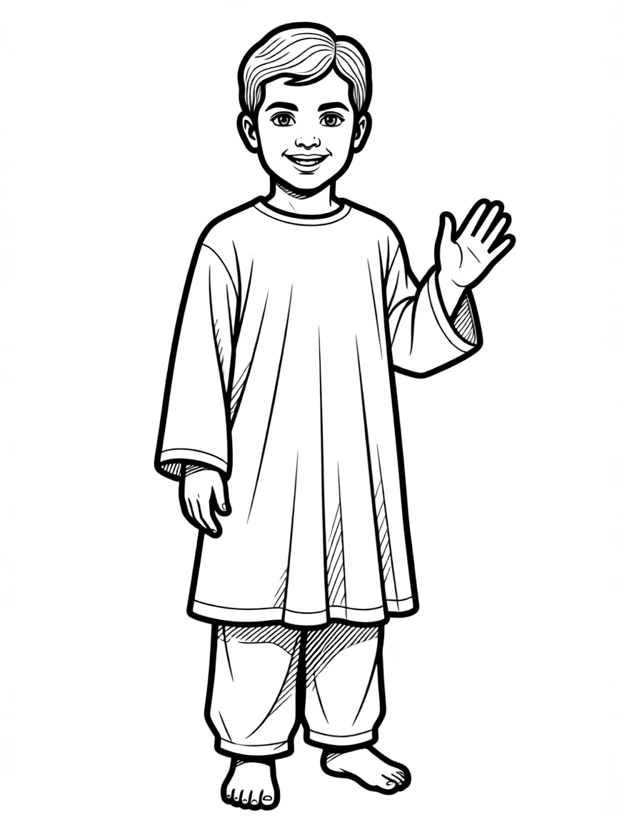 A Syrian child in a simple yellow traditional outfit.
