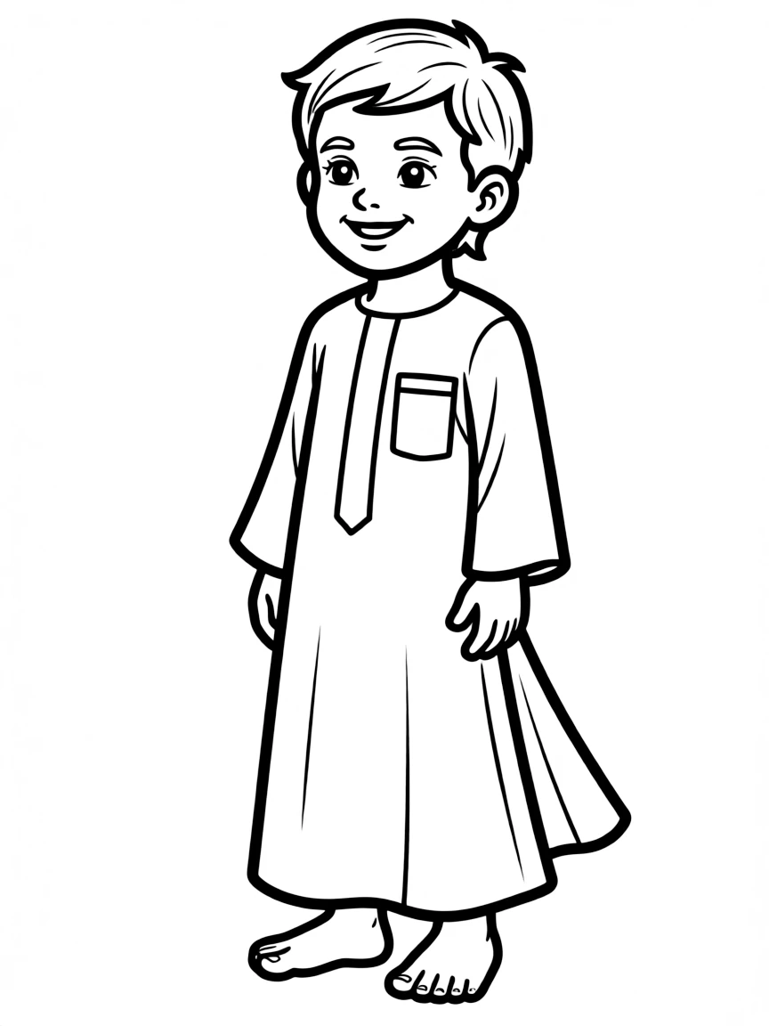 A Jordanian child in a simple light blue thobe.
