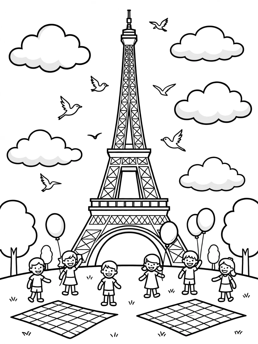The Eiffel Tower in Paris with puffy clouds in the sky, small birds flying around, and children playing in the park below with balloons and picnic blankets