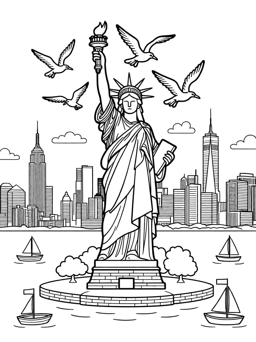 The Statue of Liberty on Liberty Island with boats in the harbor, seagulls flying around her torch, and the New York City skyline in the background