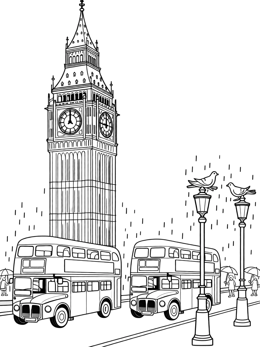 Big Ben clock tower in London with double-decker buses on the street below, umbrellas in the rain, and pigeons perched on nearby lamp posts