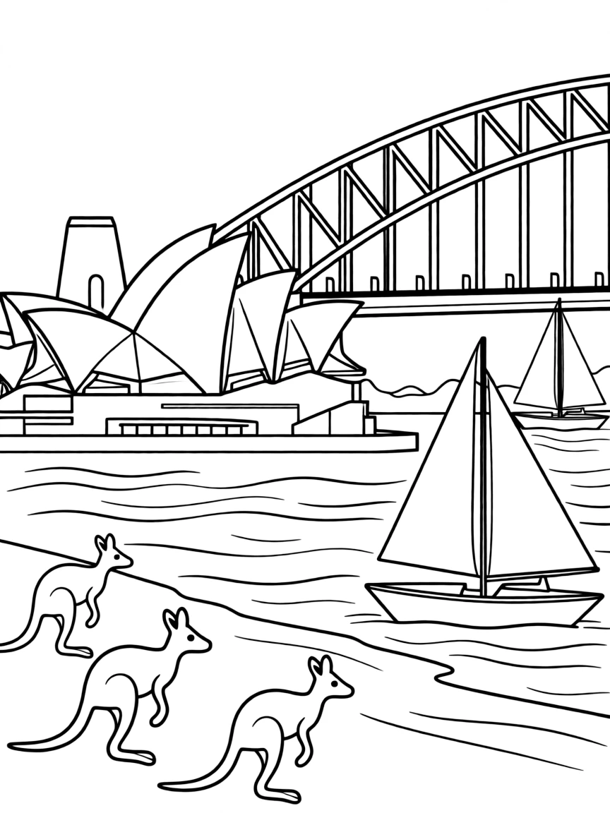 The Sydney Opera House with sailboats in the harbor, kangaroos hopping on the nearby shore, and the Sydney Harbour Bridge in the background