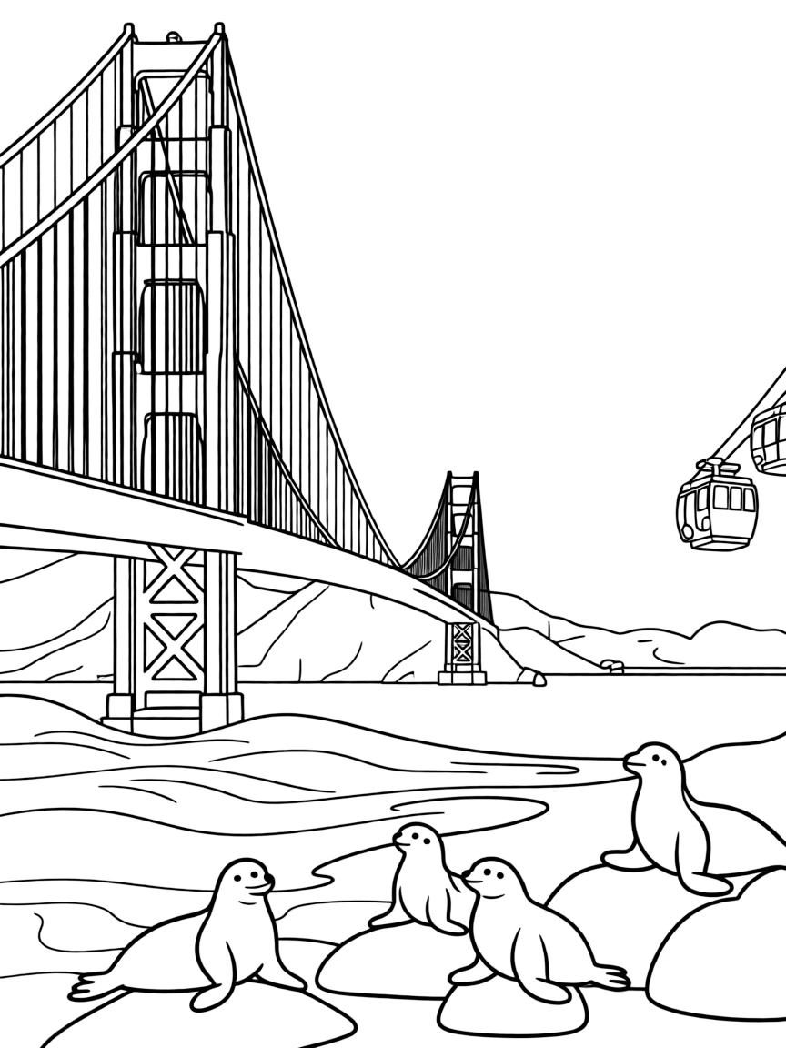 The Golden Gate Bridge in San Francisco with fog rolling underneath, sea lions on nearby rocks, and cable cars climbing the hills in the distance