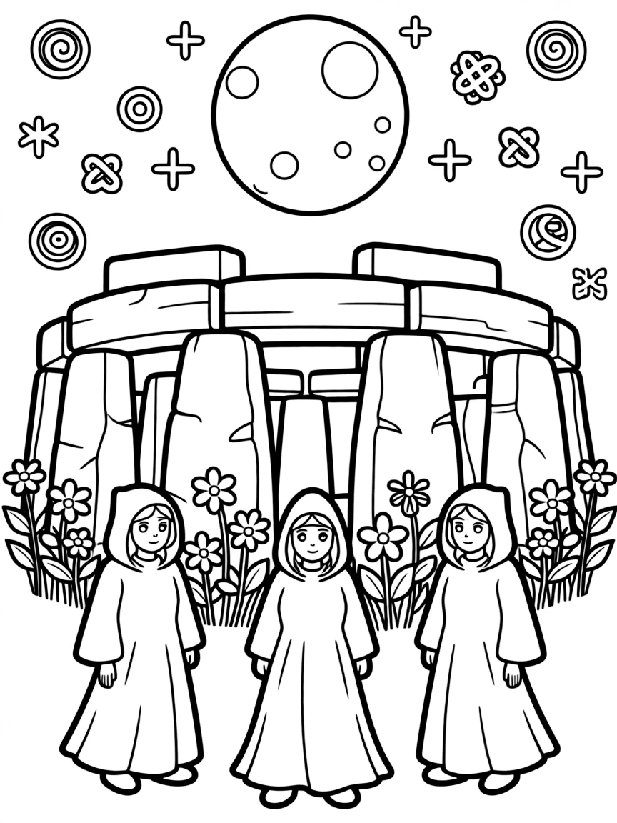 Stonehenge with druids in robes, mystical Celtic symbols, a full moon overhead, and wildflowers growing between the ancient stones