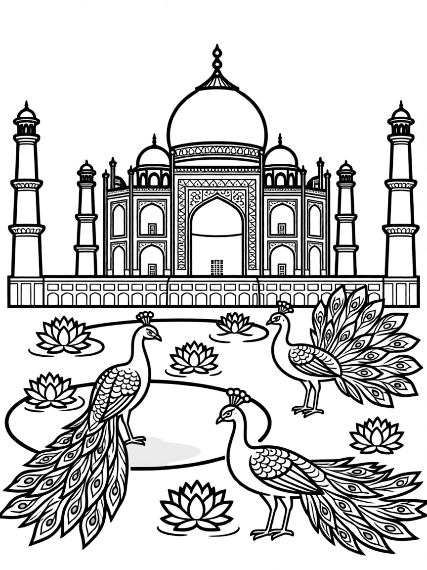 The Taj Mahal with peacocks displaying their feathers, lotus flowers in reflecting pools, and ornate Islamic patterns decorating the walls