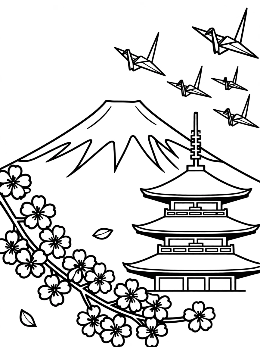 Mount Fuji in Japan with cherry blossom branches in the foreground, a traditional pagoda nearby, and origami cranes flying through the sky