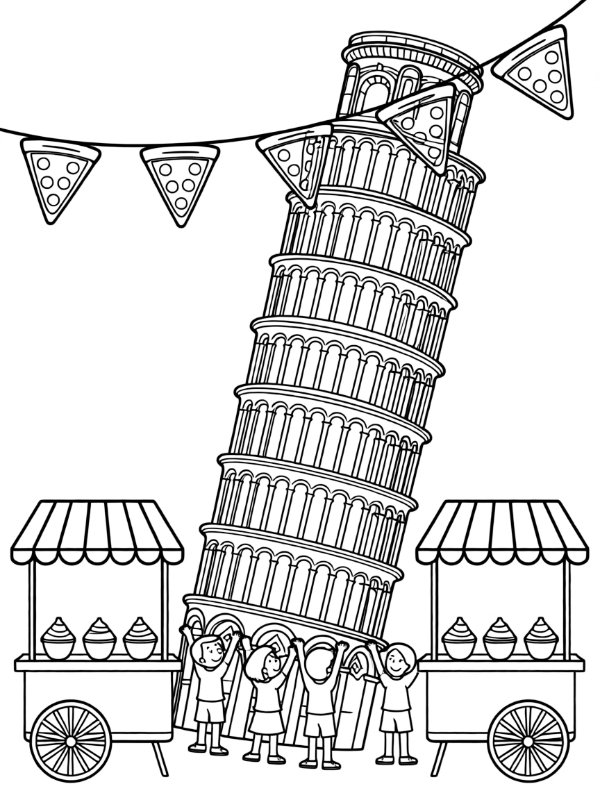 The Leaning Tower of Pisa with Italian gelato carts below, children trying to "hold up" the tower with their hands, and pizza slice decorations