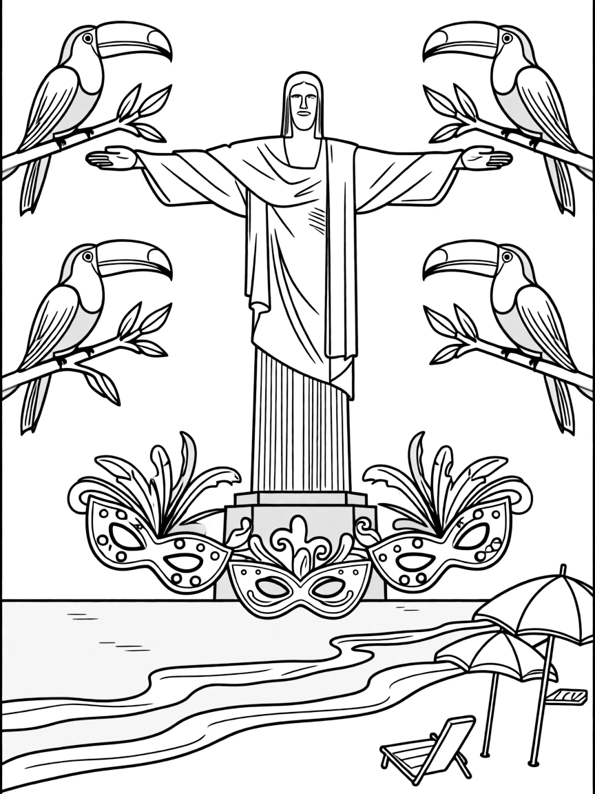 The Christ the Redeemer statue in Rio de Janeiro with colorful toucans and parrots, carnival masks, and the beaches of Copacabana below