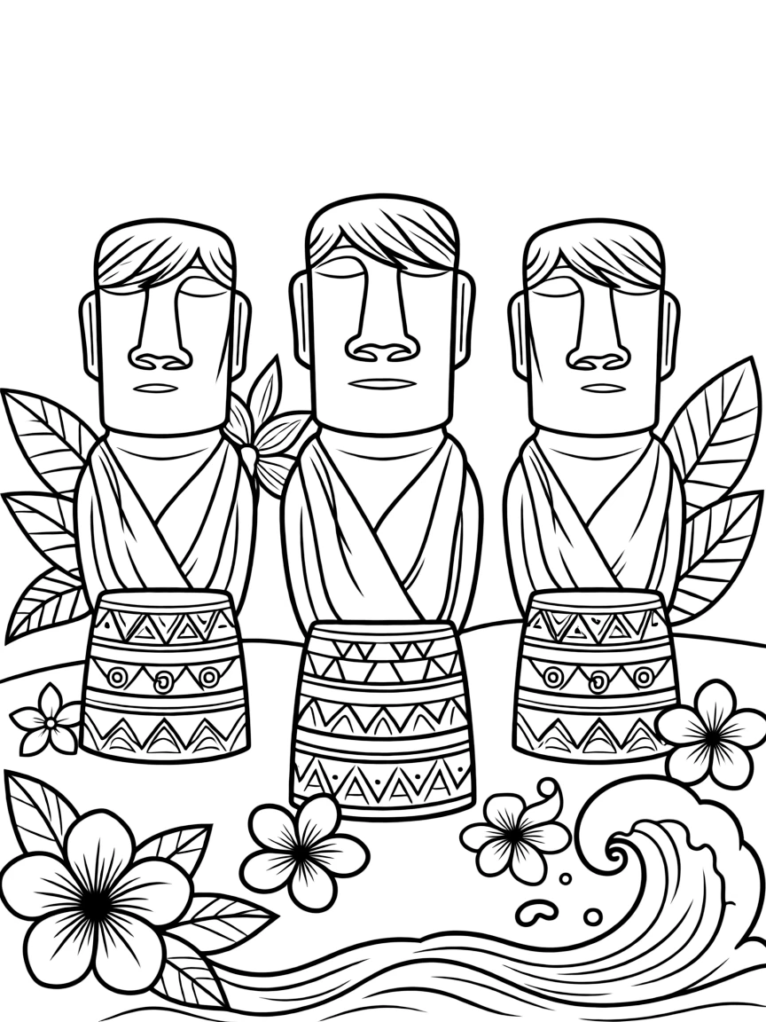 Easter Island statues (Moai) with tropical flowers, ocean waves crashing nearby, and Polynesian tribal patterns decorating the base