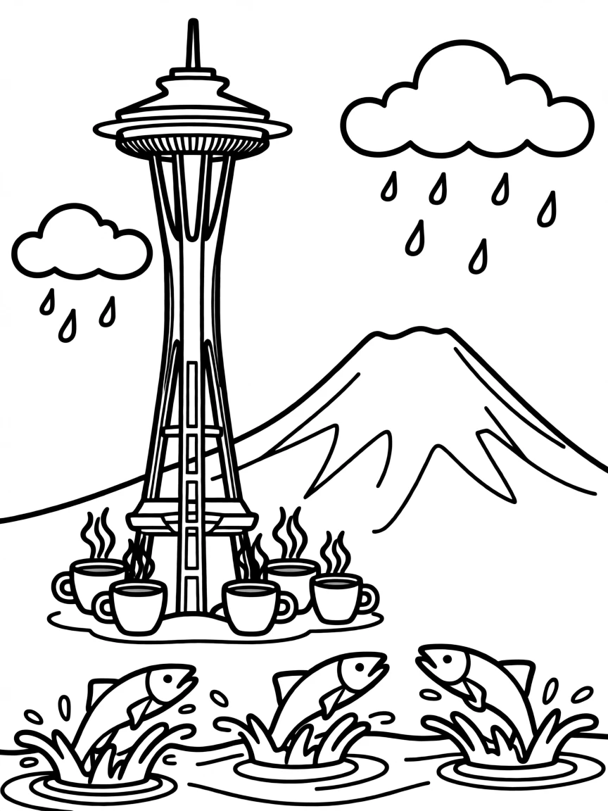 The Space Needle in Seattle with coffee cups and rain clouds, Mount Rainier in the background, and salmon jumping in nearby waters