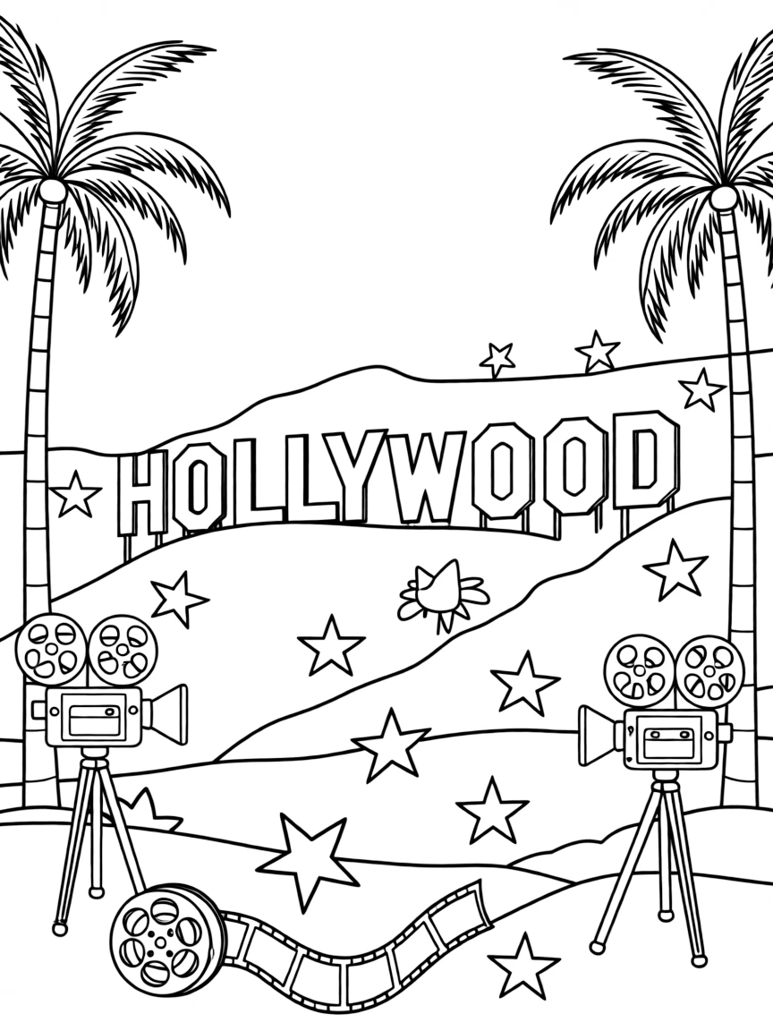 The Hollywood Sign in Los Angeles with palm trees, movie cameras, film reels, and stars scattered throughout the hillside scene