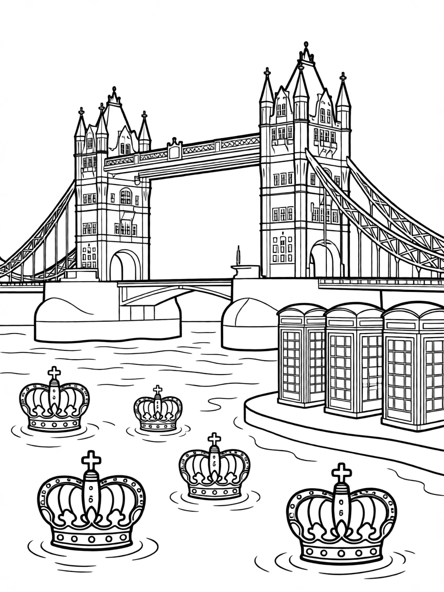 The London Bridge with the River Thames below, royal crowns floating in the water, and British telephone booths on the riverbank