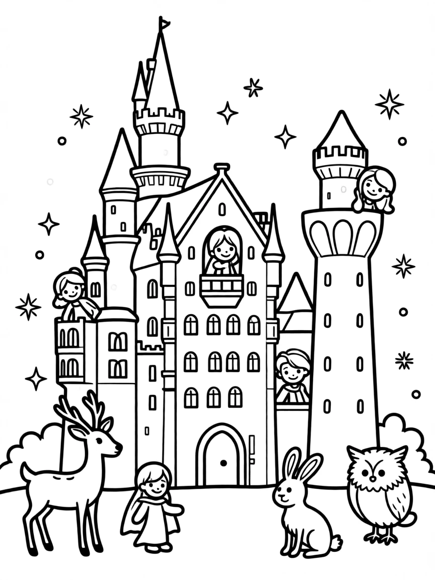 Neuschwanstein Castle in Germany with fairy tale characters peeking from windows, enchanted forest animals, and magical sparkles in the air