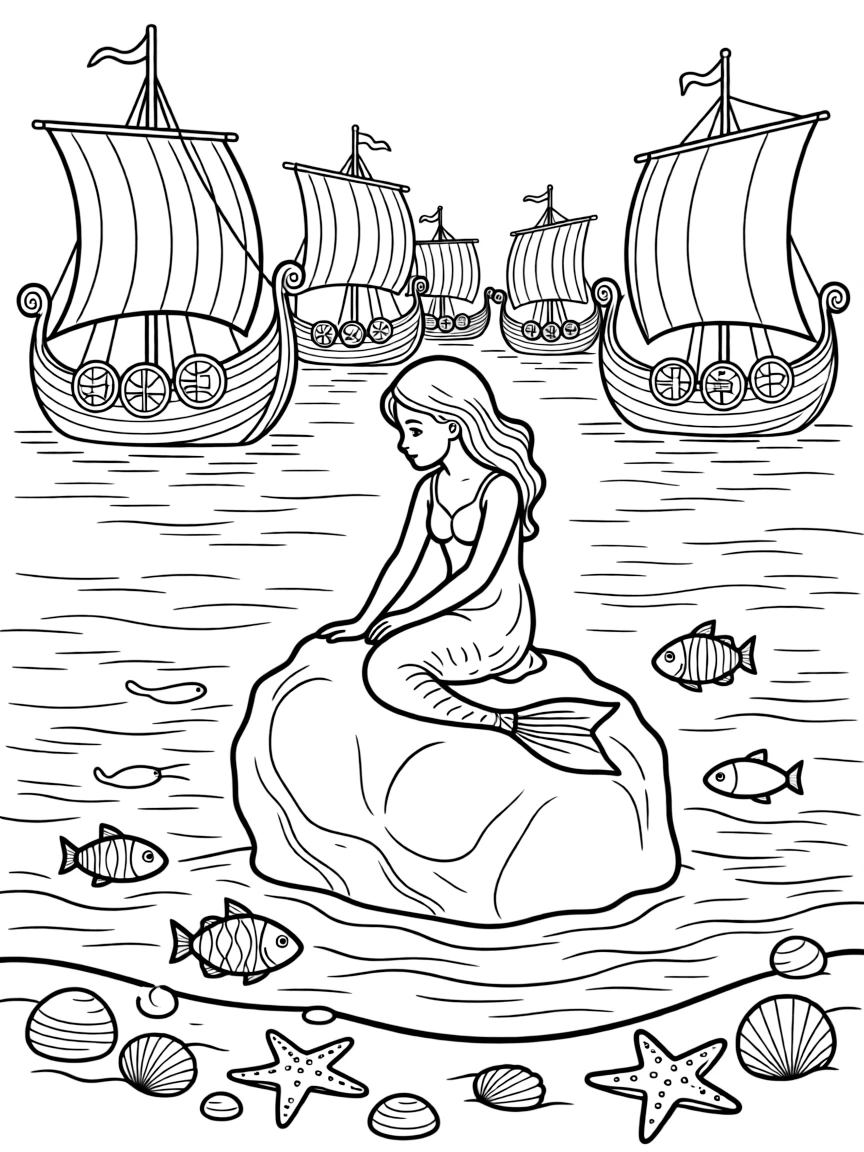 The Little Mermaid statue in Copenhagen with fish swimming around, seashells, starfish, and Danish Viking ships in the harbor