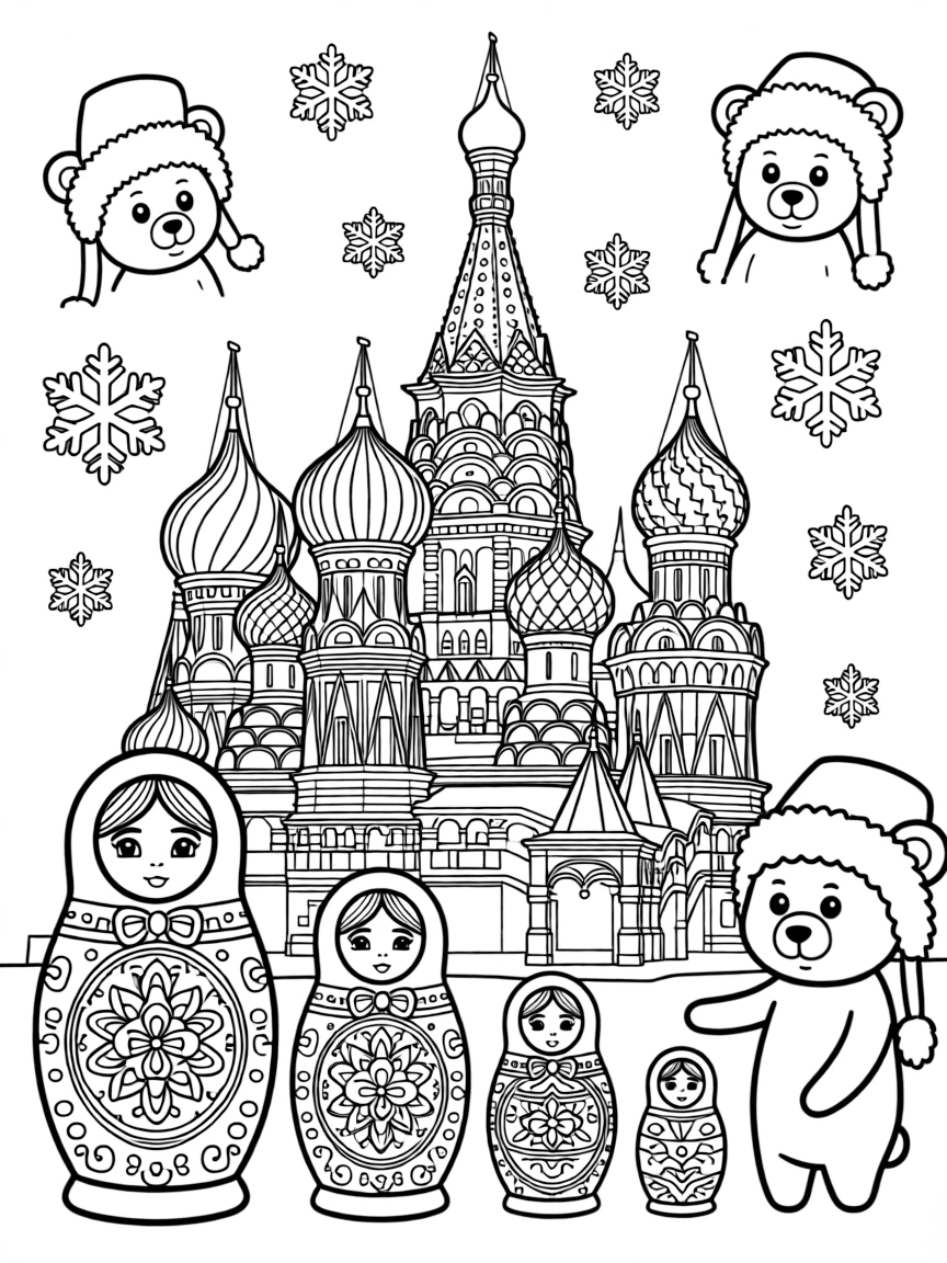 Red Square in Moscow with Russian nesting dolls (matryoshka), snowflakes, traditional Russian architecture, and bears wearing fur hats