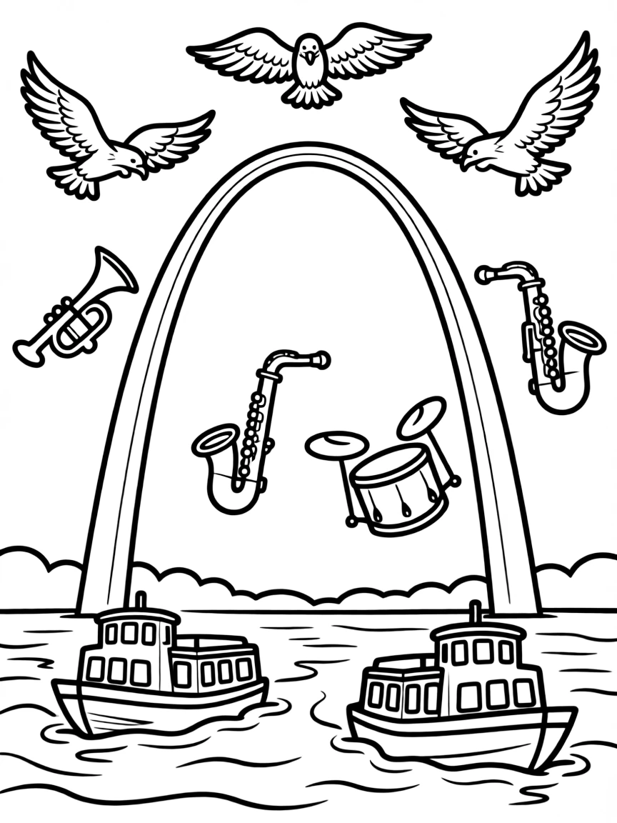 The Gateway Arch in St. Louis with riverboats on the Mississippi River, jazz instruments floating in the air, and American eagles flying