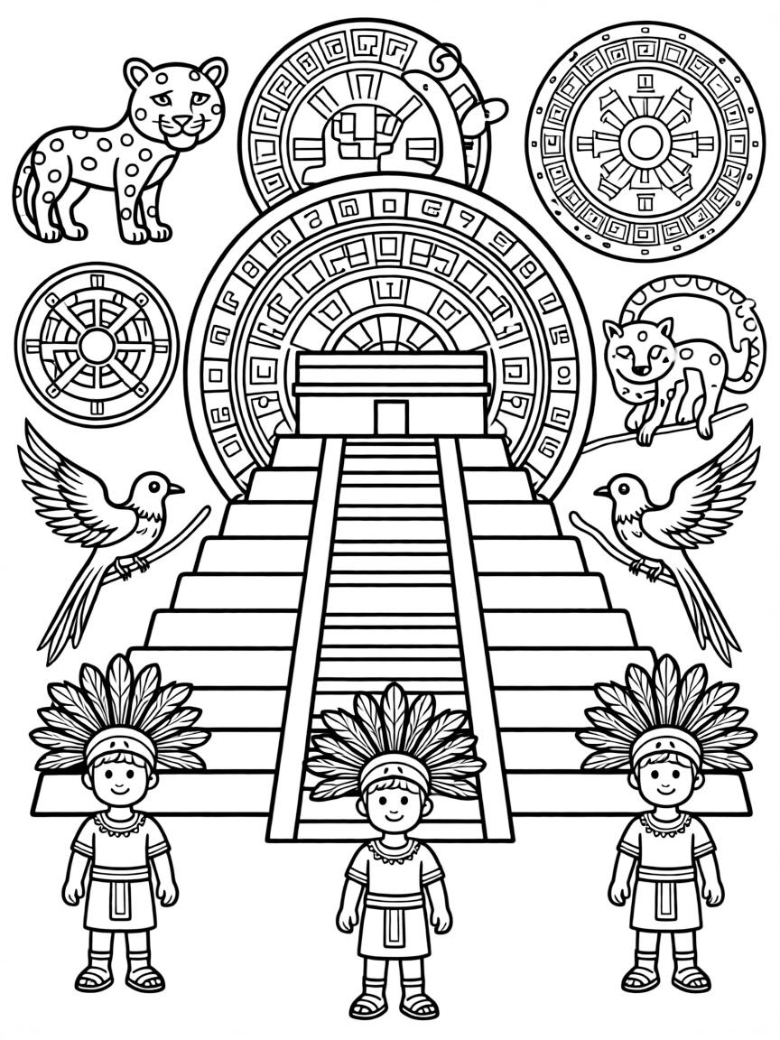 Chichen Itza pyramid with Mayan calendars, jaguar symbols, colorful quetzal birds, and ancient Mayan warriors' feathered headdresses