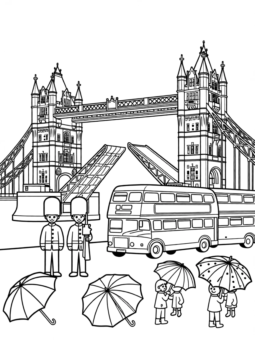 The Tower Bridge in London opening up for ships, with British guards in tall hats, double-decker buses, and umbrellas scattered about