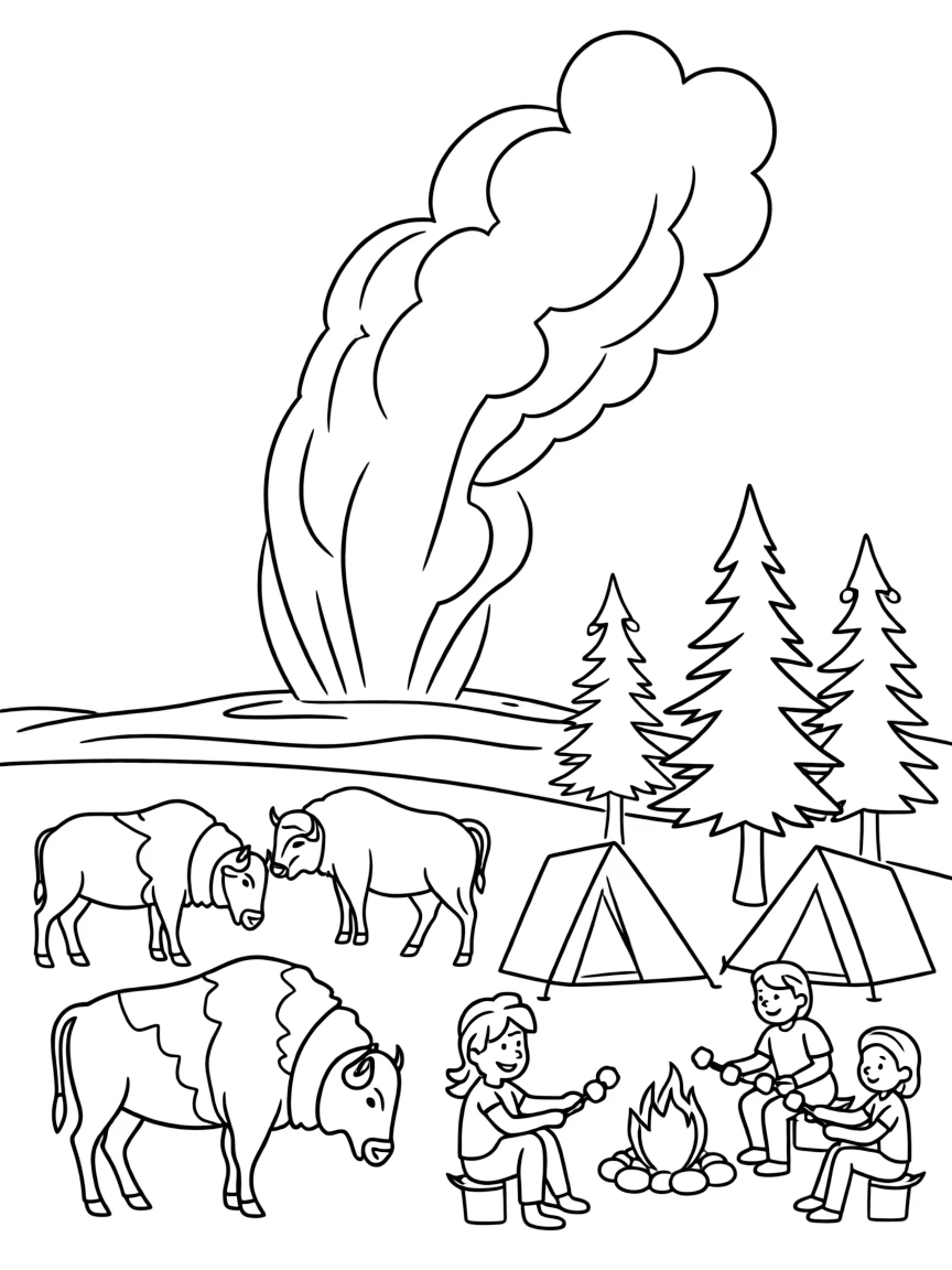 Yellowstone National Park's Old Faithful geyser with bison grazing nearby, pine trees, camping tents, and families roasting marshmallows