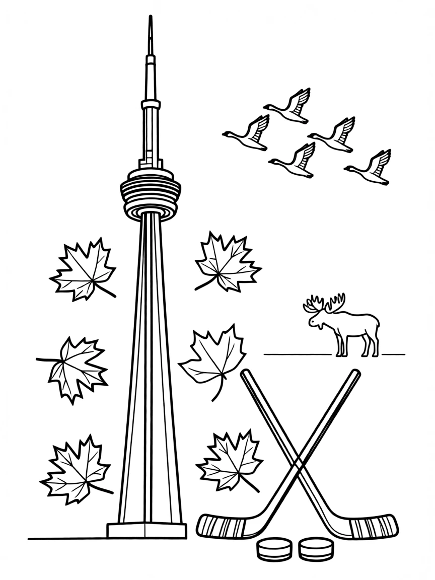 The CN Tower in Toronto with maple leaves falling around it, hockey sticks and pucks, Canadian geese flying, and moose in the distance