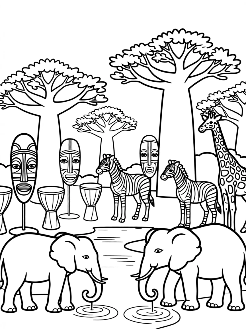 Victoria Falls with African elephants drinking water, zebras and giraffes nearby, baobab trees, and traditional African masks and drums