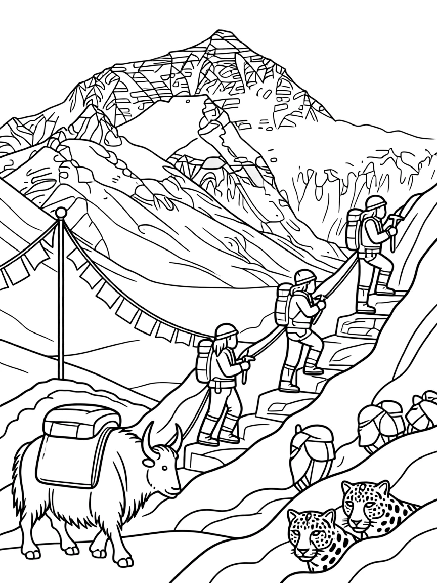 Mount Everest with mountain climbers, prayer flags fluttering, yaks carrying supplies, and snow leopards hiding among the rocks