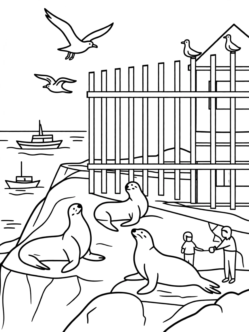 Alcatraz Island with seagulls, old prison bars, boats in San Francisco Bay, and sea lions lounging on the rocky shores